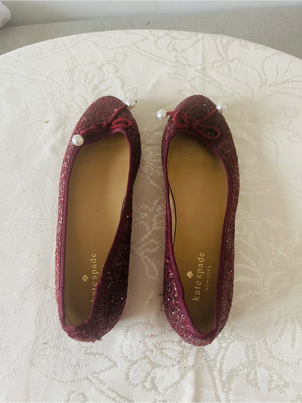 kate spade Burgundy Glitter Ballet Flats with Pearl Bow